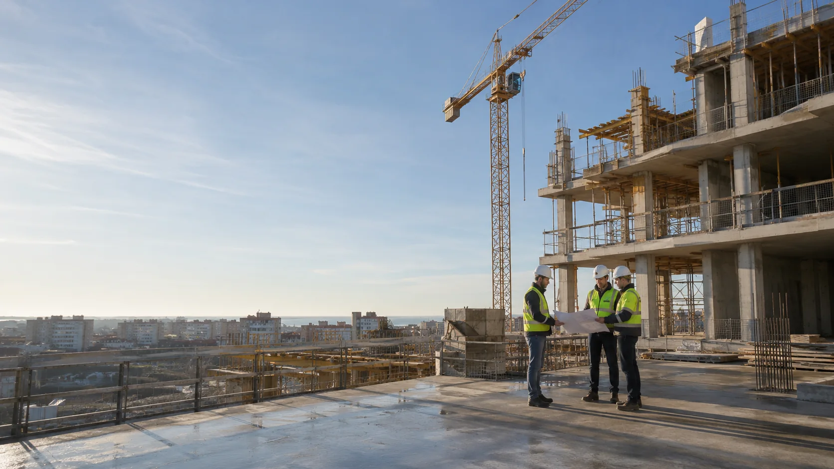 Profesionales revisando planos en una obra de construcción