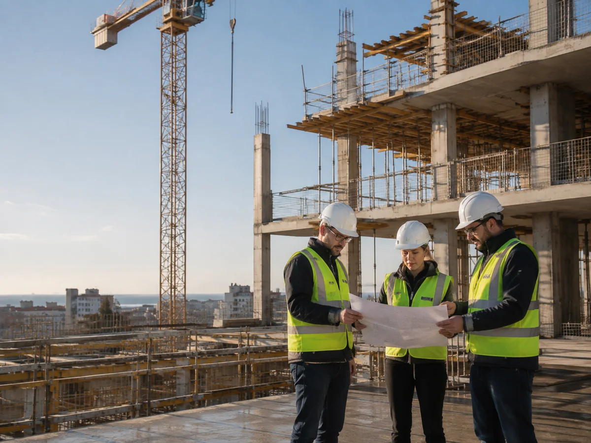 Equipo técnico revisando planos durante una visita a obra