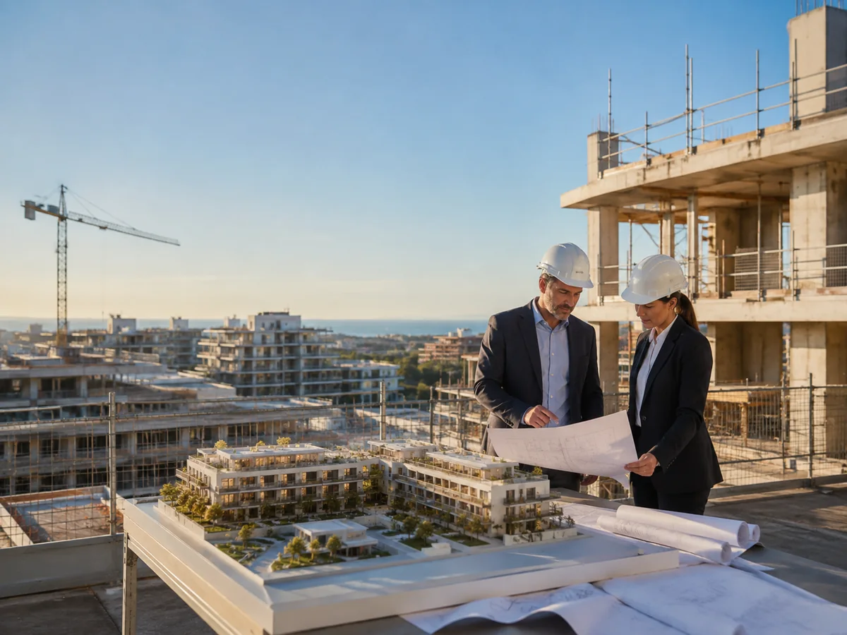 Promotores revisando planos y una maqueta de edificación