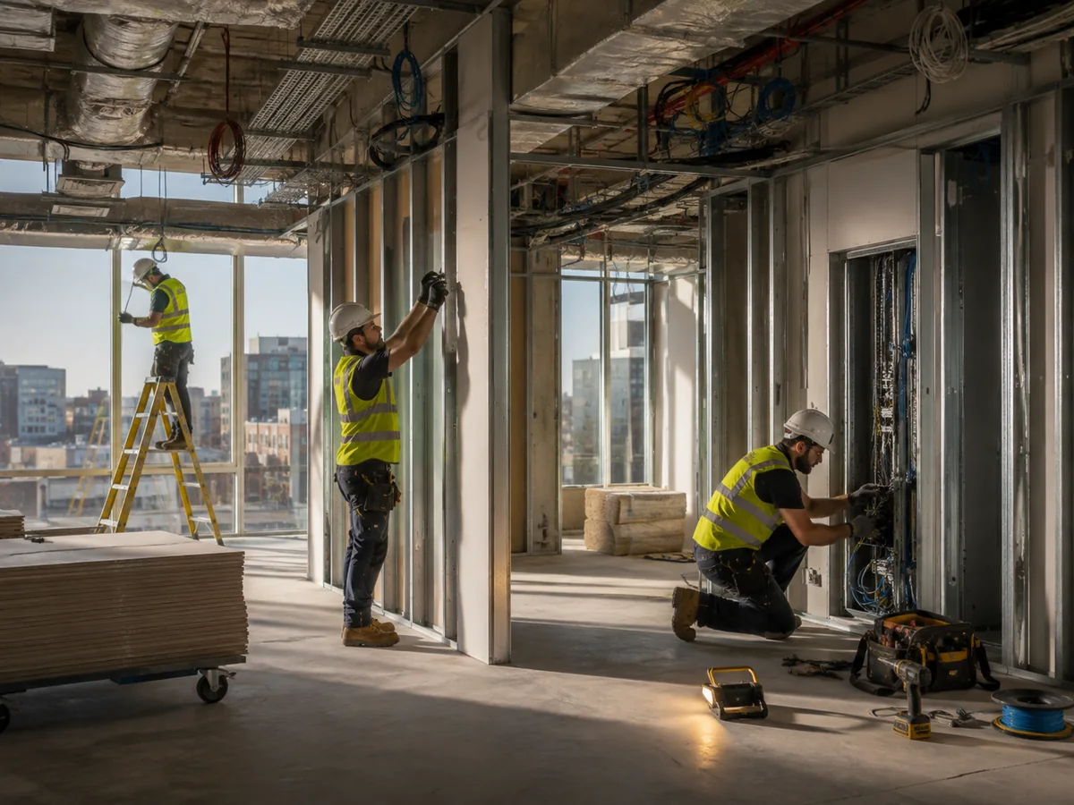 Instaladores trabajando en el interior de un edificio