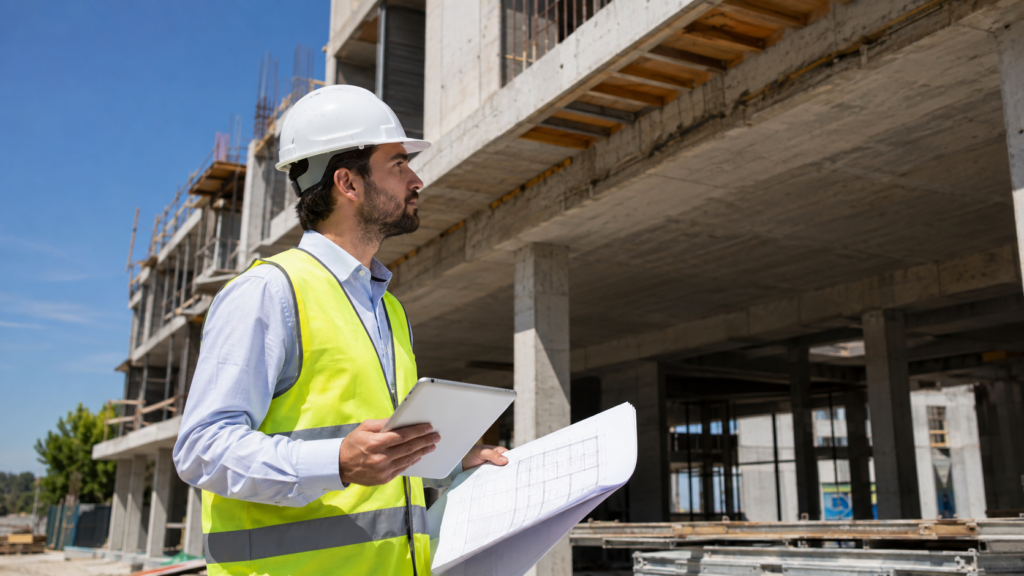 Técnico de una OCT revisando la estructura de un edificio durante la construcción.